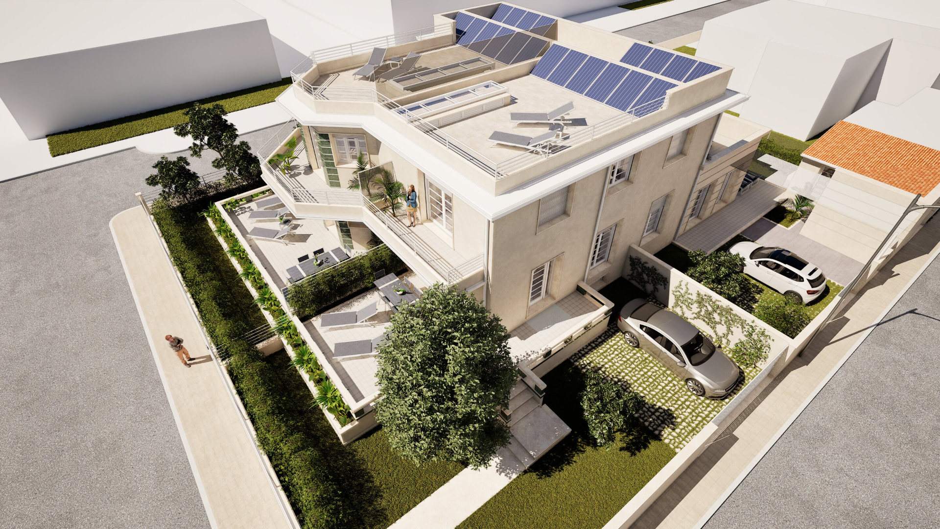 Vista aerea sud-ovest — Villa Libeccio, solarium e impianto fotovoltaico